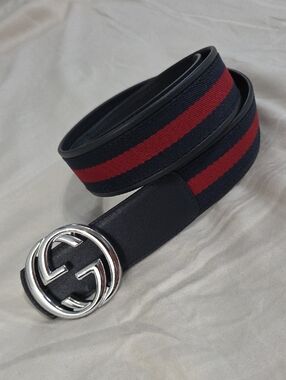 Gucci Reversible Blue Leather Web Belt Red Navy Stripe Silver GG